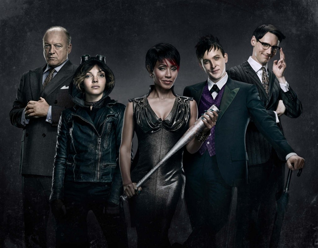 GOTHAM: L-R: John Doman as Carmine Falcone, Camren Bicondova as Selina Kyle, Jada Pinkett Smith as Fish Mooney, Robin Lord Taylor as Oswald Cobblepot and Cory Michael Smith as Edward Nygma star as the villains of GOTHAM. GOTHAM premieres Monday, Sept. 22 (8:00-9:00 PM ET/PT) on FOX. ©2014 Fox Broadcasting Co. Cr: Justin Stephens/FOX
