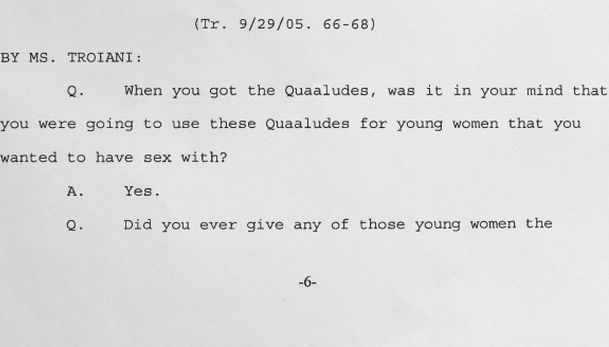 This excerpt from a 2005 deposition given by entertainer Bill Cosby, and released Monday, July 6, 2015, by the U.S. District Court for the Eastern District of Pennsylvania in Philadelphia, shows Cosby admitting that he obtained Quaaludes with the intent of giving them to young women he wanted to have sex with. He admitted giving the sedative to at least one woman. (AP Photo/Matt Rourke)