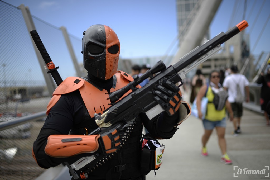 Cosplayer Miguel Capuchino portrays the DC Comics character Deathstroke outside the San Diego Convention Center at Comic Con International 2015 in San Diego on July 10, 2015. AFP PHOTO/ROBYN BECK