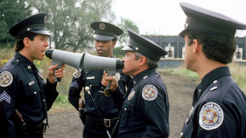Steve Guttenberg (left), Michael Winslow (center) and G.W. Bailey star in 1987's Police Academy 4: Citizens On Patrol, part of the film franchise launched by 1984's Police Academy.