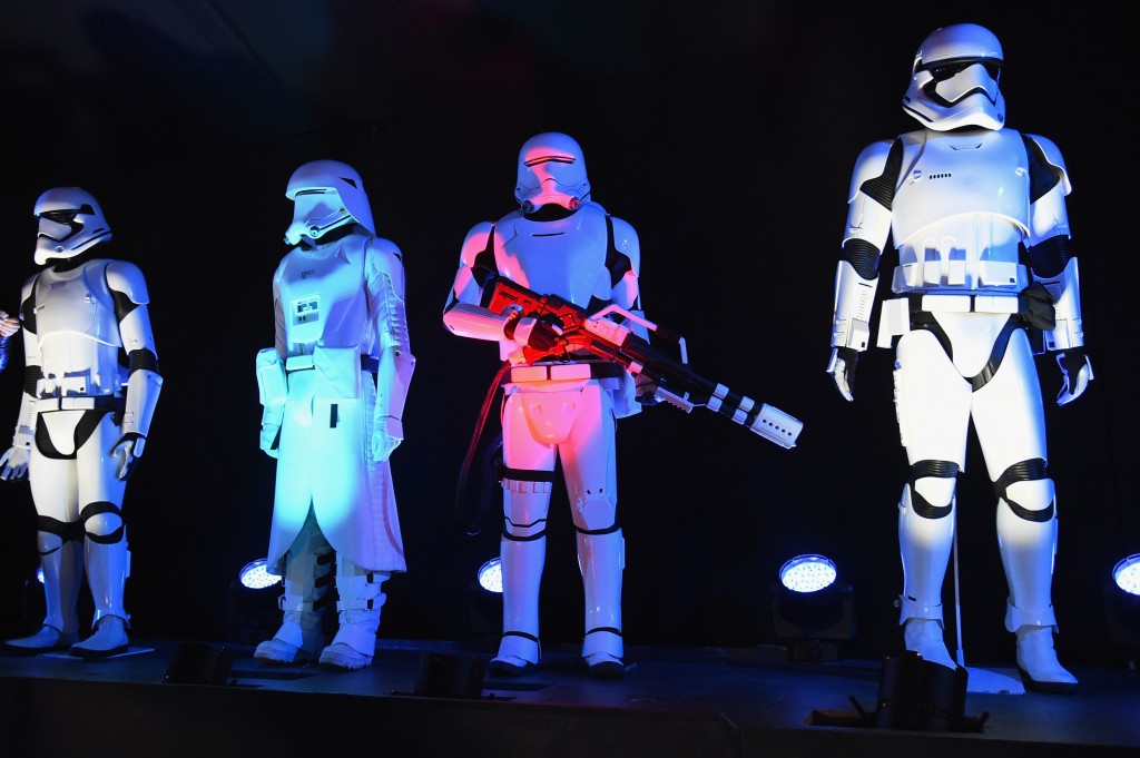 HOLLYWOOD, CA - DECEMBER 14: Stormtrooper costumes on display at the premiere of Walt Disney Pictures and Lucasfilm's "Star Wars: The Force Awakens" at the Dolby Theatre on December 14th, 2015 in Hollywood, California. Jason Merritt/Getty Images/AFP