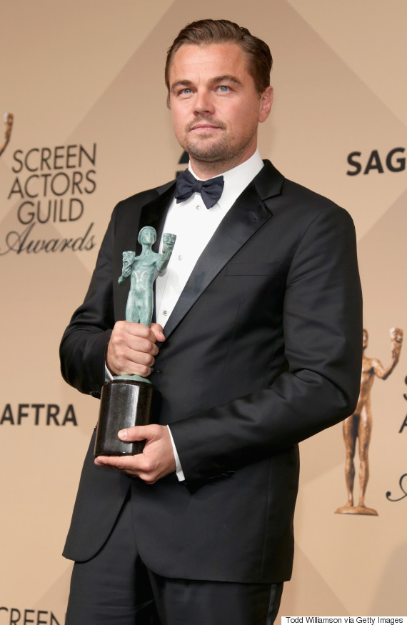 LOS ANGELES, CA - JANUARY 30:  Actor Leonardo DiCaprio, winner for Outstanding Performance By a Male Actor in a Leading Role 'The Revenant'  poses in the press room during the 22nd Annual Screen Actors Guild Awards at The Shrine Auditorium on January 30, 2016 in Los Angeles, California.  (Photo by Todd Williamson/Getty Images)