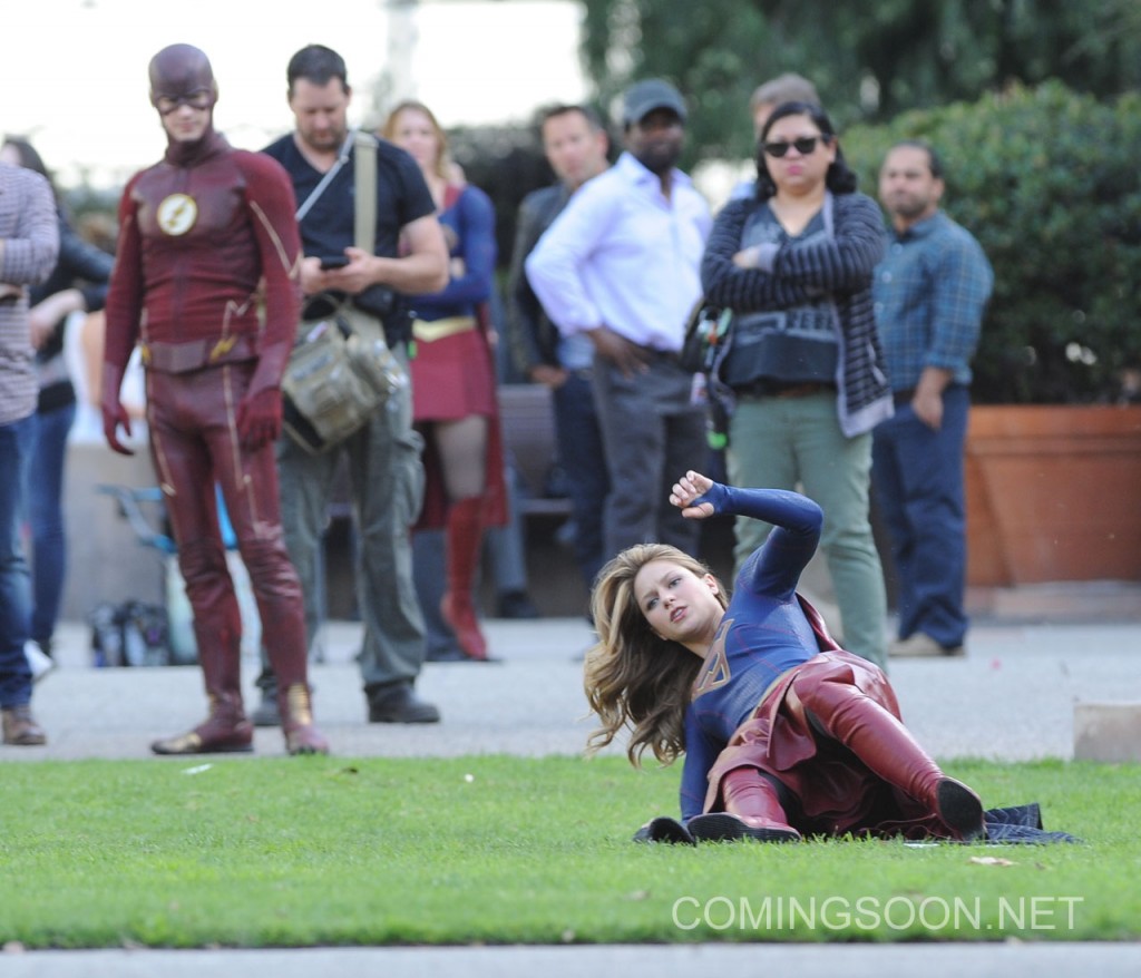 Melissa Benoist get into character while filming new scenes for her hit show "Supergirl" with special guest Grant Gustin as Flash for the special episode. Calista Flockhart was also seen on set in Los Angeles and was being saved by the 2 heroes as she gets hassled by 2 villains. Featuring: Melissa Benoist, Grant Gustin Where: Los Angeles, California, United States When: 23 Feb 2016 Credit: Cousart/JFXimages/WENN.com **Not avialable for publication in New Zealand and Australia**