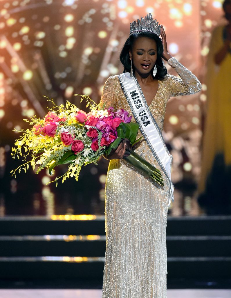 LAS VEGAS, NV - JUNE 05: Miss District of Columbia USA 2016 Deshauna Barber reacts after being crowned Miss USA 2016 during the 2016 Miss USA pageant at T-Mobile Arena on June 5, 2016 in Las Vegas, Nevada.   Ethan Miller/Getty Images/AFP