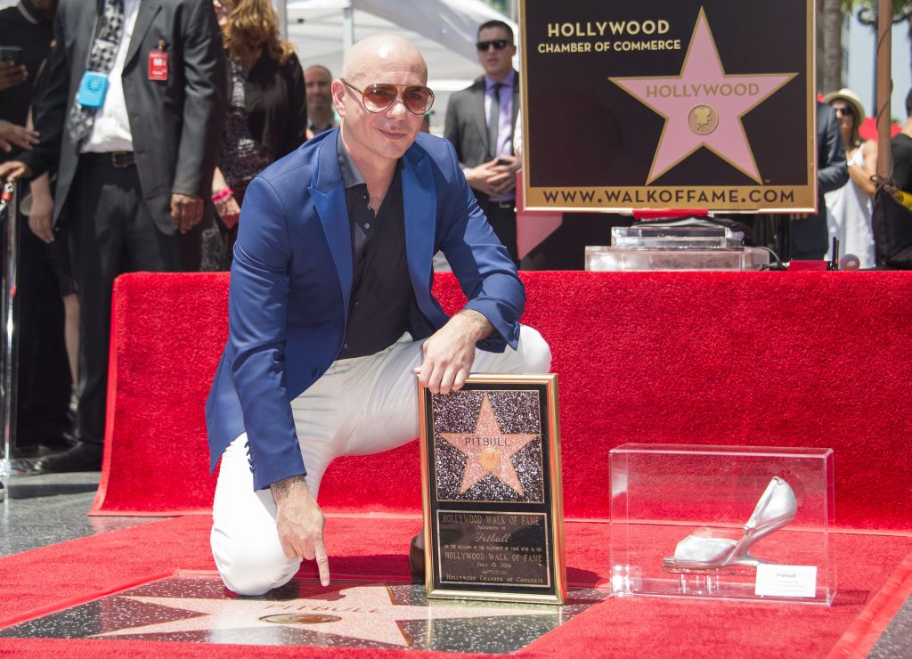 Singer Pitbull poses as he is honored with a star on the Hollywood Walk of Fame, July 15, 2016, in Hollywood, California. / AFP PHOTO / VALERIE MACON