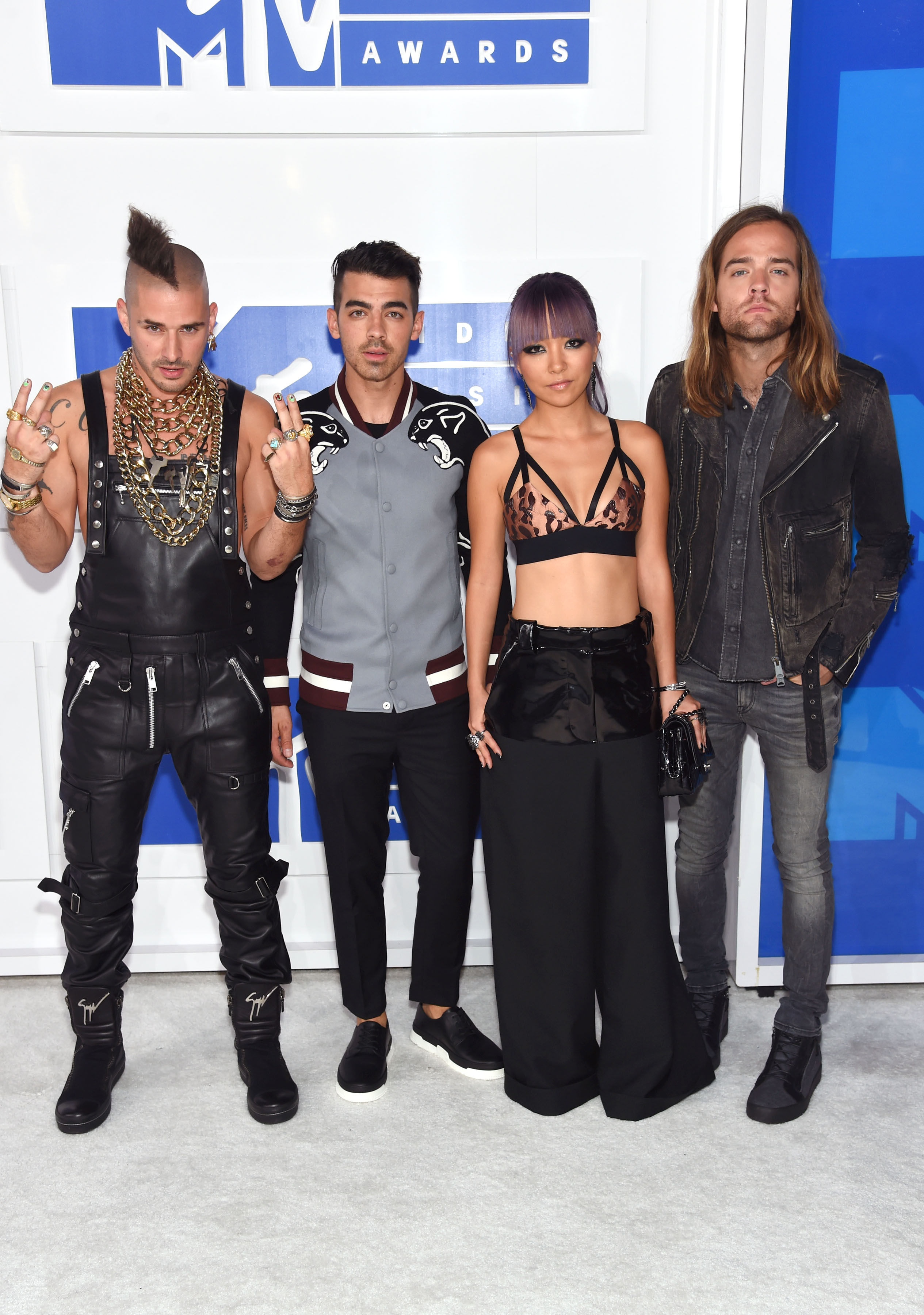 NEW YORK, NY - AUGUST 28: (L-R) Cole Whittle, Joe Jonas, JinJoo Lee, Jack Lawless of DNCE attend the 2016 MTV Video Music Awards at Madison Square Garden on August 28, 2016 in New York City. Jamie McCarthy/Getty Images/AFP