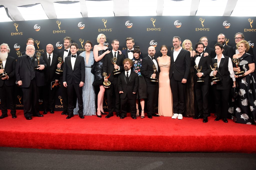 LOS ANGELES, CA - SEPTEMBER 18: Cast & crew of "Game of Thrones", winners of Best Drama Series, pose in the press room during the 68th Annual Primetime Emmy Awards at Microsoft Theater on September 18, 2016 in Los Angeles, California. Frazer Harrison/Getty Images/AFP