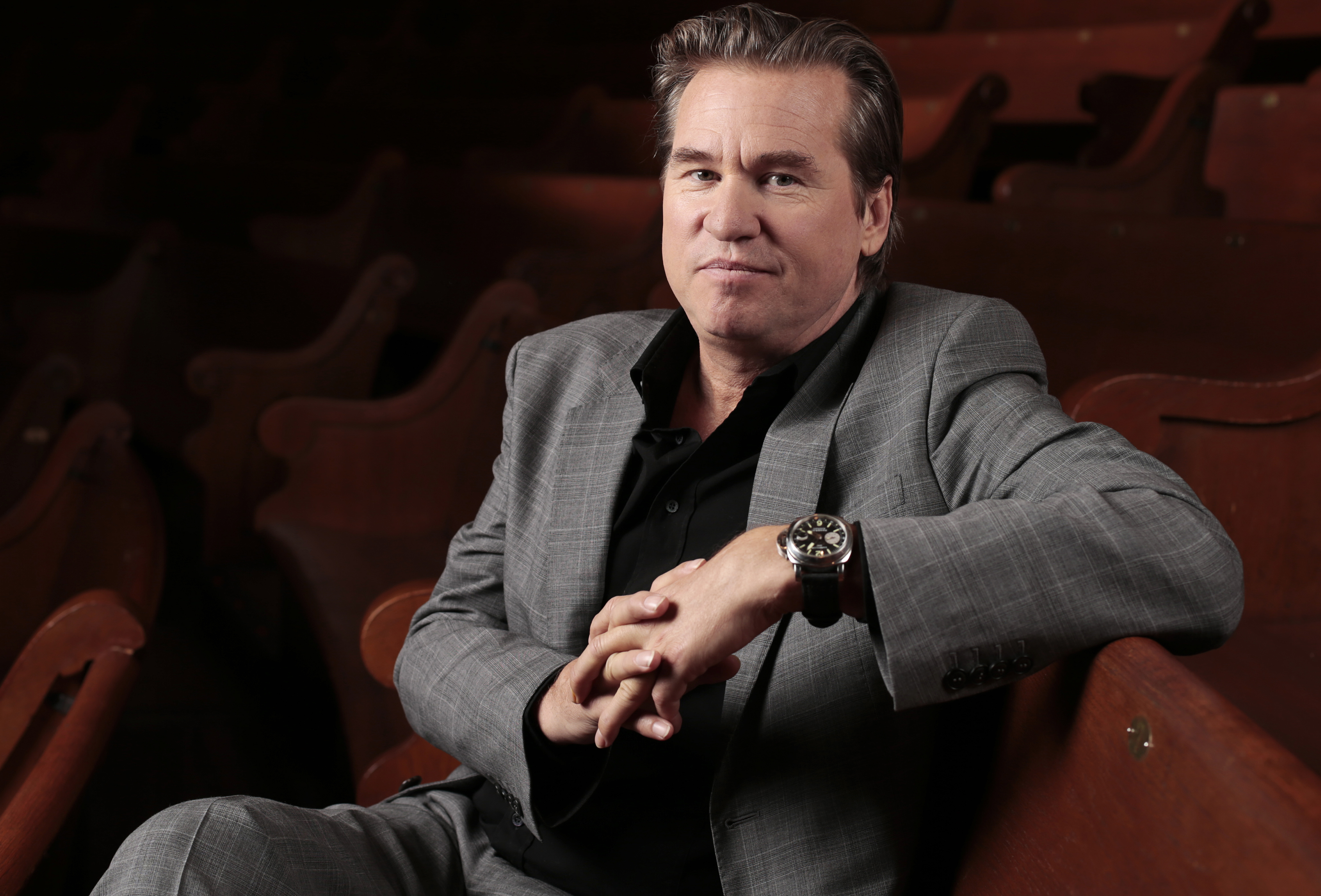 In this Jan. 9, 2014 photo, Val Kilmer poses for a portrait in Nashville, Tenn.  Kilmer is undergoing tests for a possible tumor, according to his representative.  Liz Rosenberg confirmed Saturday, Jan. 31, 2015 that the 55-year-old actor is at a Los Angeles hospital and that doctors are ìencouraged by his progressî and hopeful he will make a full recovery.  (AP Photo/Mark Humphrey)