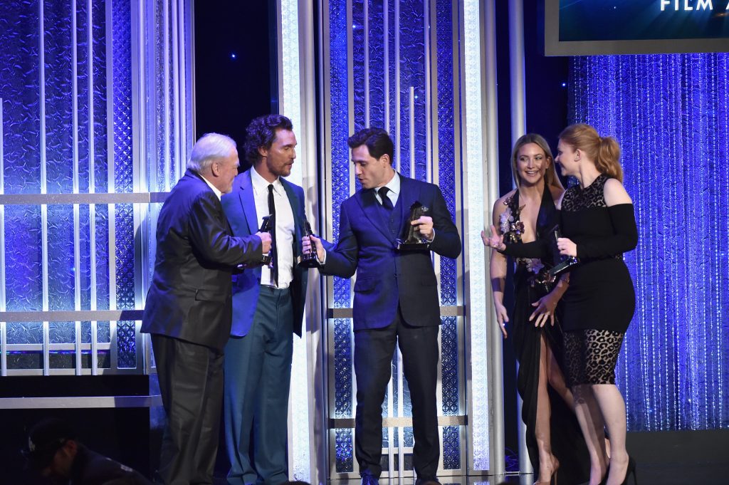 BEVERLY HILLS, CA - NOVEMBER 06: (L-R) Actors Stacy Keach, Matthew McConaughey, Edgar Ramirez, presenter Kate Hudson and actress Bryce Dallas Howard, recipients of the "Hollywood Ensemble Award" for "Gold", speak onstage at the 20th Annual Hollywood Film Awards at The Beverly Hilton Hotel on November 6, 2016 in Beverly Hills, California. Alberto E. Rodriguez/Getty Images/AFP