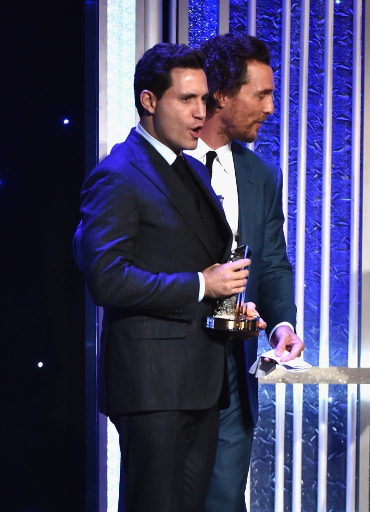 BEVERLY HILLS, CA - NOVEMBER 06: Actors Edgar Ramirez (L) and Matthew McConaughey, recipients of the "Hollywood Ensemble Award" for "Gold", speak onstage during the 20th Annual Hollywood Film Awards on November 6, 2016 in Beverly Hills, California. Alberto E. Rodriguez/Getty Images/AFP