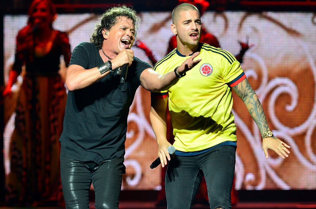 MIAMI, FL - MAY 06: Carlos Vives and Maluma are seen performing on stage at American Airlines Arena on May 6, 2016 in Miami, Florida. (Photo by Johnny Louis/WireImage)